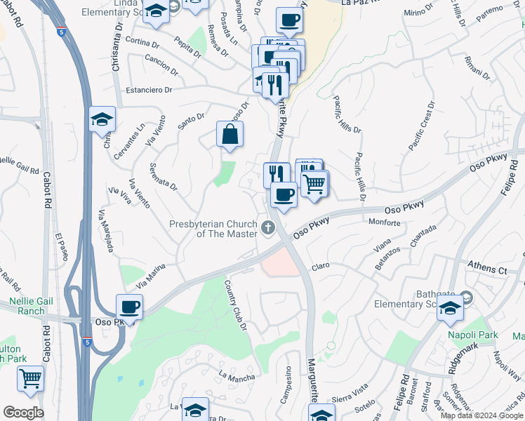 map of restaurants, bars, coffee shops, grocery stores, and more near 25955 Orbita in Mission Viejo