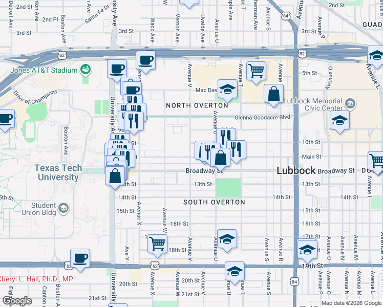 map of restaurants, bars, coffee shops, grocery stores, and more near 2118 Broadway Street in Lubbock
