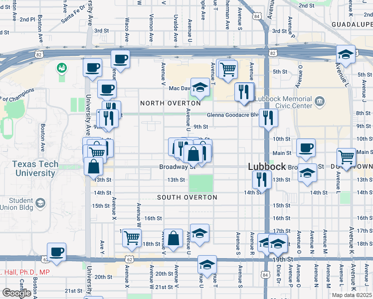 map of restaurants, bars, coffee shops, grocery stores, and more near 2112 Main Street in Lubbock