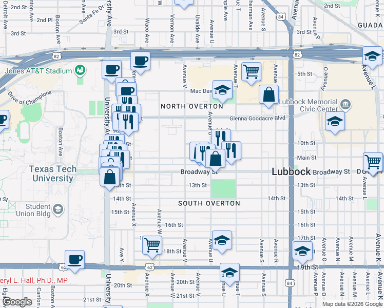 map of restaurants, bars, coffee shops, grocery stores, and more near 2104 Main Street in Lubbock