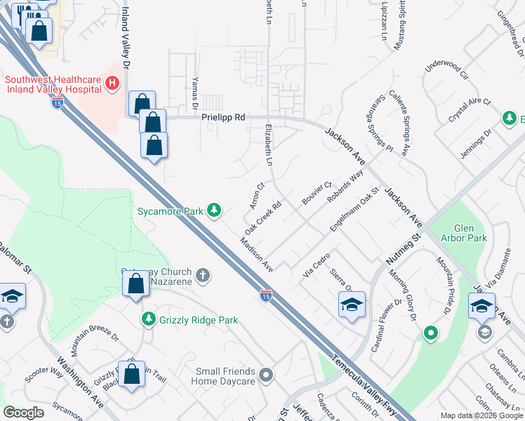 map of restaurants, bars, coffee shops, grocery stores, and more near 41101 Oak Creek Road in Murrieta