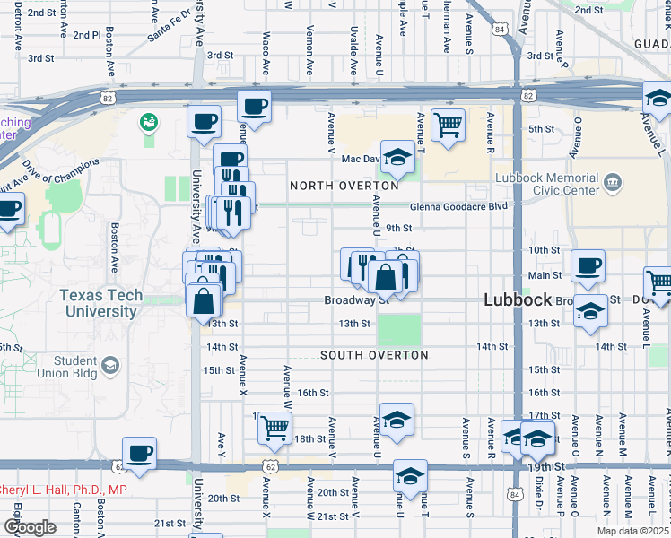 map of restaurants, bars, coffee shops, grocery stores, and more near 2118 Broadway Street in Lubbock
