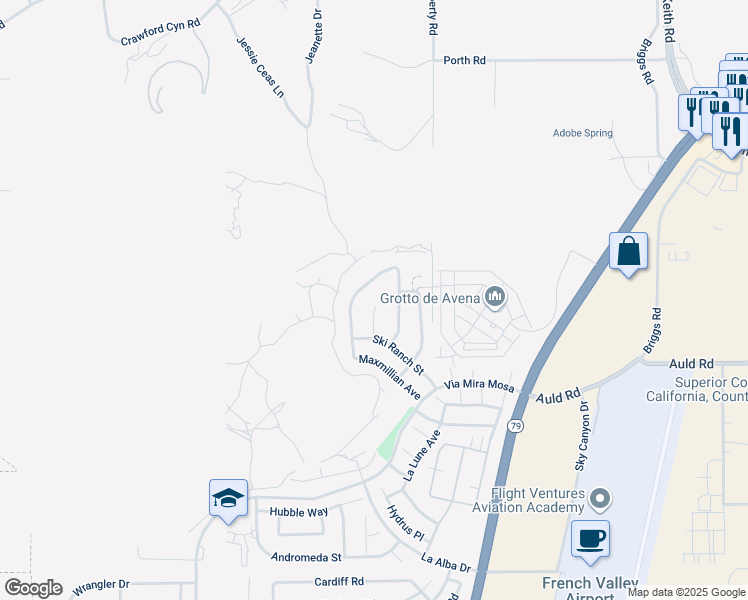 map of restaurants, bars, coffee shops, grocery stores, and more near 36843 Quasar Place in Murrieta