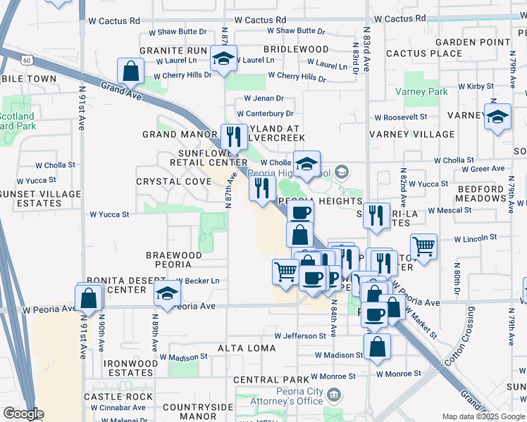 map of restaurants, bars, coffee shops, grocery stores, and more near 8525 Northwest Grand Avenue in Peoria