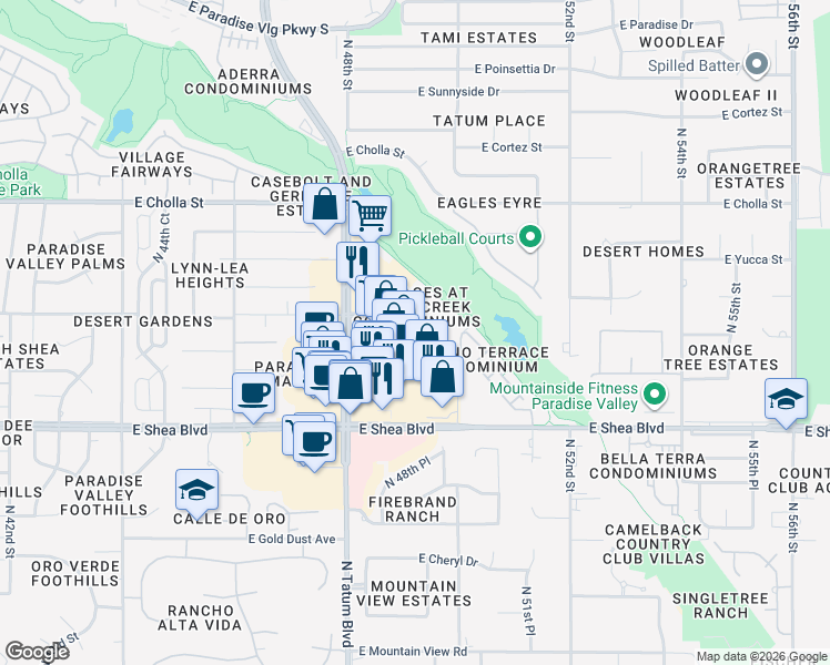 map of restaurants, bars, coffee shops, grocery stores, and more near 8550 East Desert Cove Avenue in Phoenix