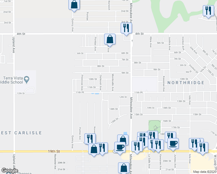 map of restaurants, bars, coffee shops, grocery stores, and more near 1011 Oakridge Avenue in Lubbock