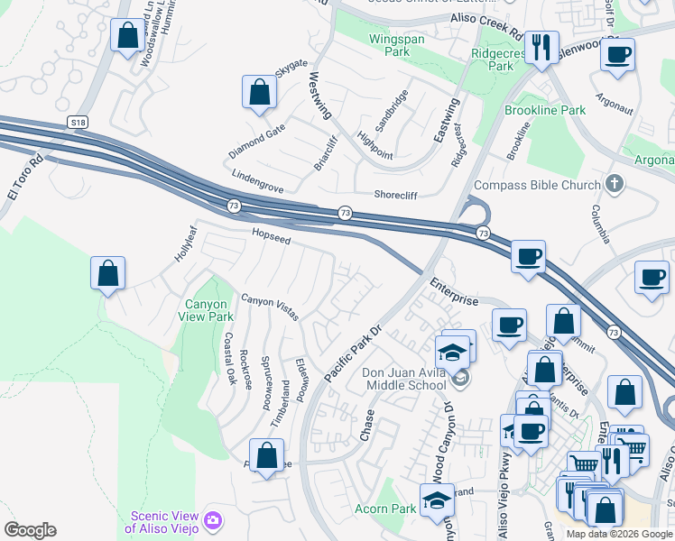 map of restaurants, bars, coffee shops, grocery stores, and more near 39 Cottonwood Drive in Aliso Viejo