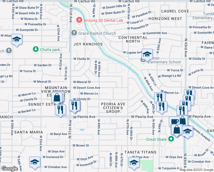 map of restaurants, bars, coffee shops, grocery stores, and more near 4856 West Mescal Street in Glendale