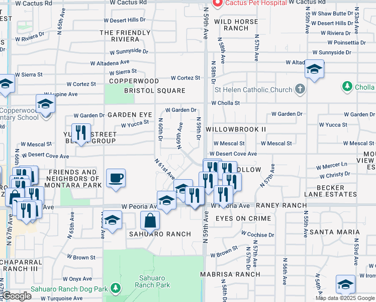 map of restaurants, bars, coffee shops, grocery stores, and more near 11022 North 59th Lane in Glendale
