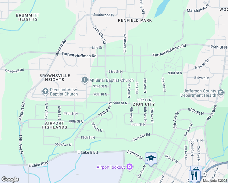 map of restaurants, bars, coffee shops, grocery stores, and more near 9100 11th Avenue North in Birmingham