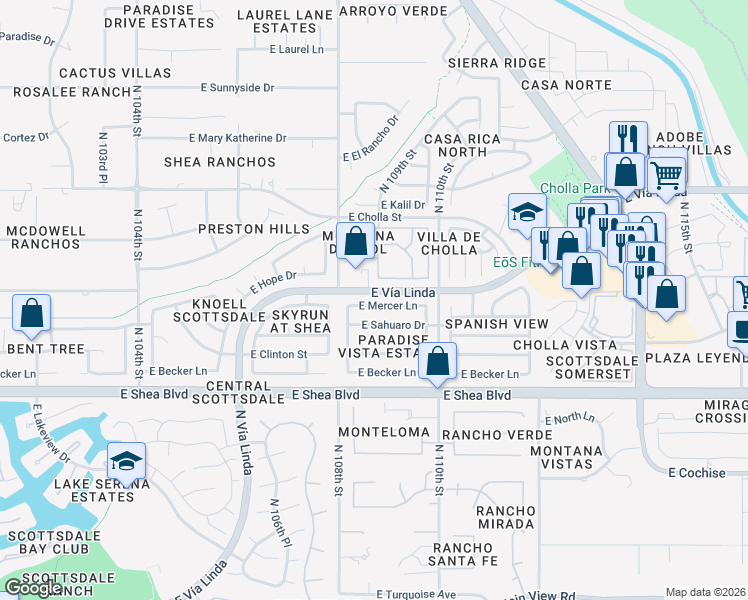 map of restaurants, bars, coffee shops, grocery stores, and more near 10866 East Mercer Lane in Scottsdale