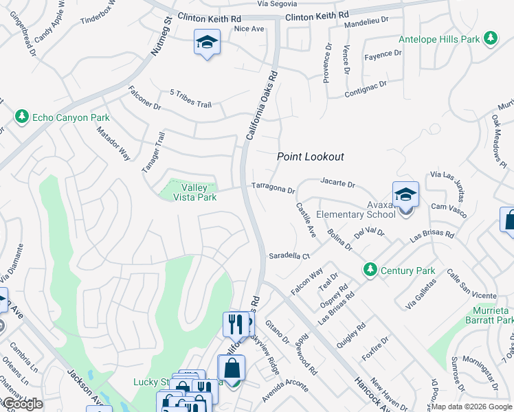 map of restaurants, bars, coffee shops, grocery stores, and more near 39725 Almansa Court in Murrieta