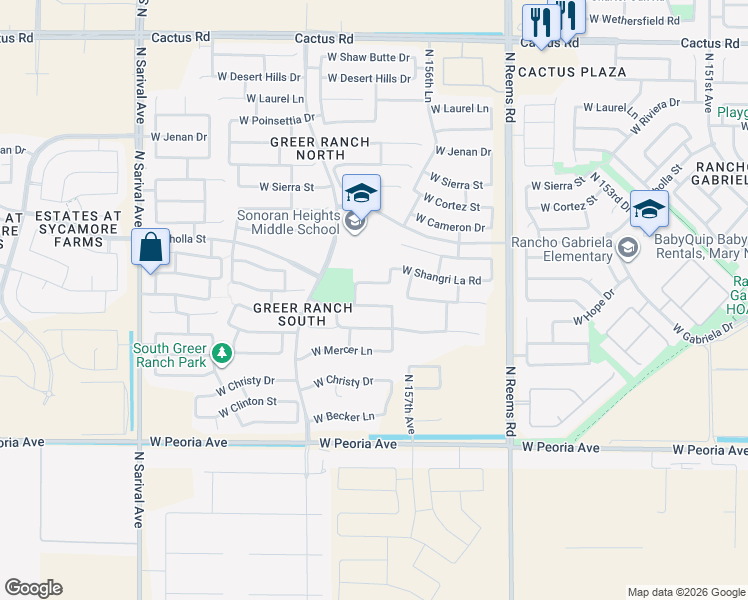 map of restaurants, bars, coffee shops, grocery stores, and more near 15754 West Mescal Street in Surprise