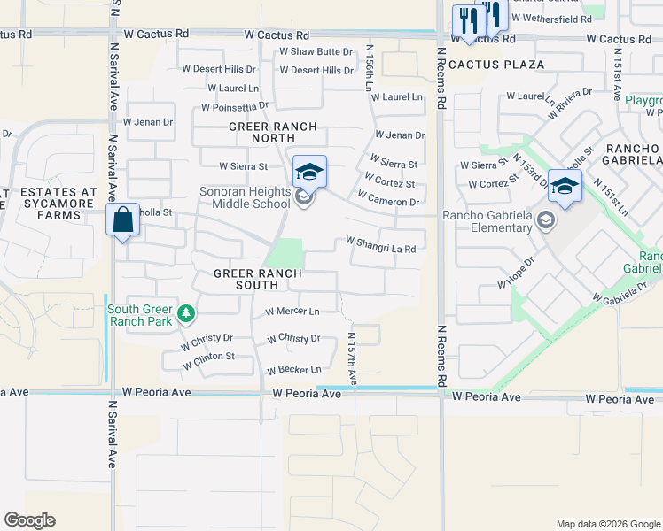 map of restaurants, bars, coffee shops, grocery stores, and more near 15756 West Shangri La Road in Surprise