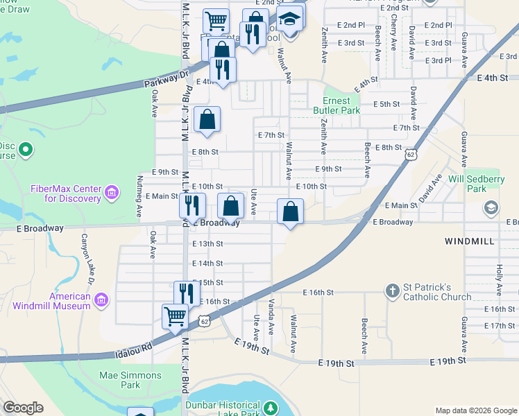 map of restaurants, bars, coffee shops, grocery stores, and more near 1001-1099 Ute Avenue in Lubbock
