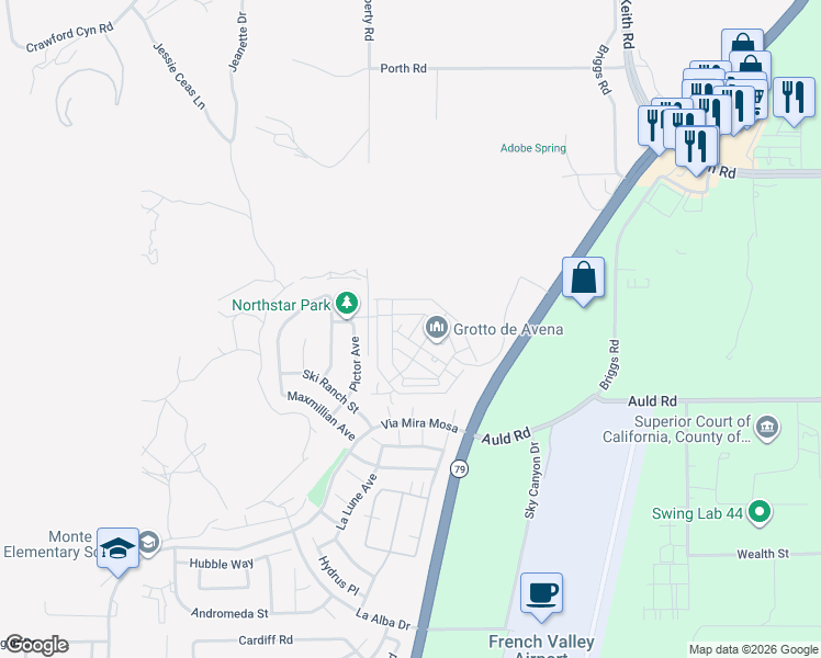 map of restaurants, bars, coffee shops, grocery stores, and more near 36782 Pictor Avenue in Murrieta