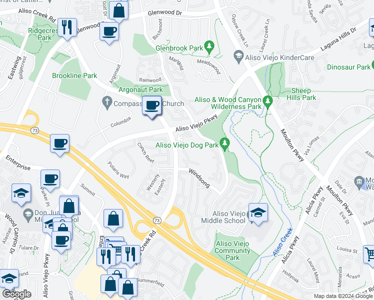 map of restaurants, bars, coffee shops, grocery stores, and more near 23511 Aliso Creek Road in Aliso Viejo