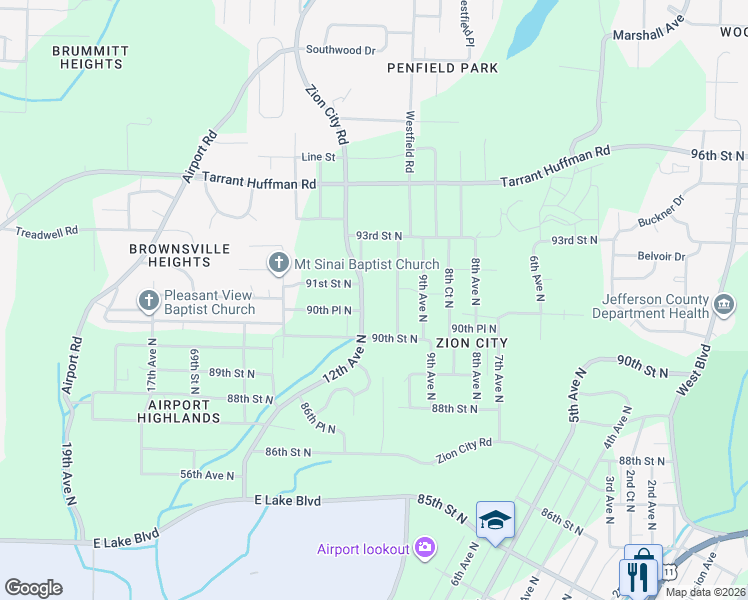 map of restaurants, bars, coffee shops, grocery stores, and more near 9100 11th Avenue North in Birmingham