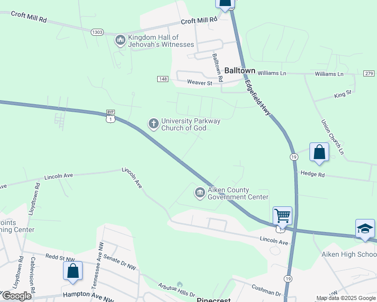 map of restaurants, bars, coffee shops, grocery stores, and more near Grand Oaks Way in Aiken