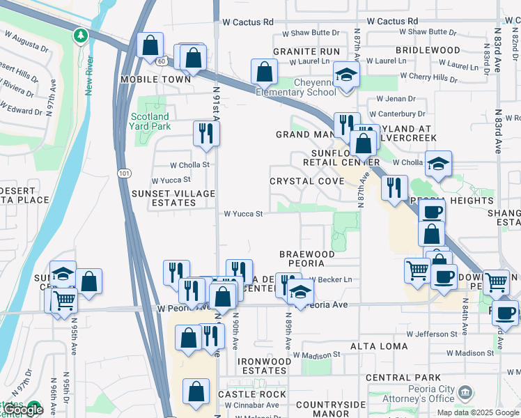 map of restaurants, bars, coffee shops, grocery stores, and more near 11411 North 91st Avenue in Peoria