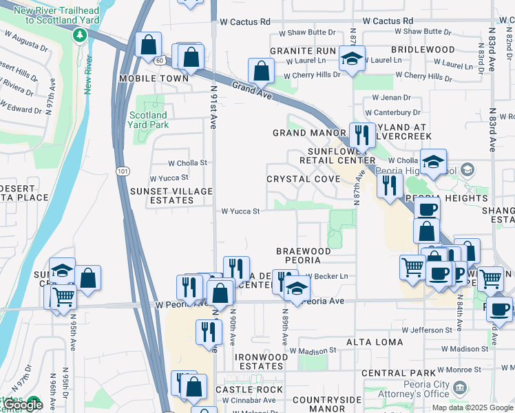map of restaurants, bars, coffee shops, grocery stores, and more near 11411 North 91st Avenue in Peoria
