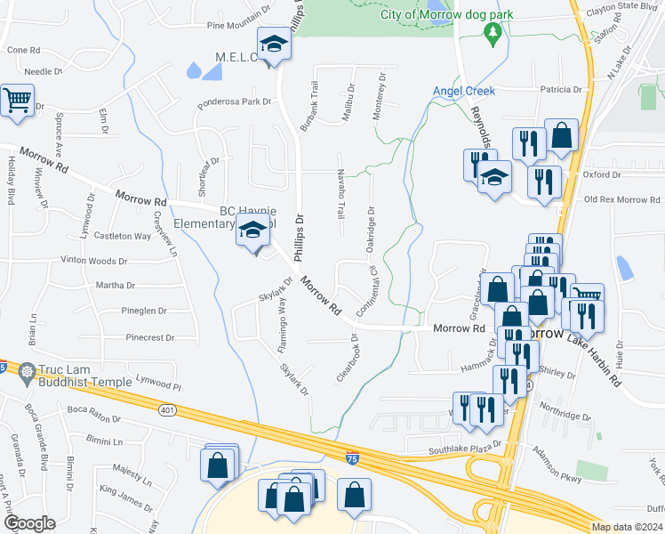map of restaurants, bars, coffee shops, grocery stores, and more near 6172 Continental Circle in Morrow