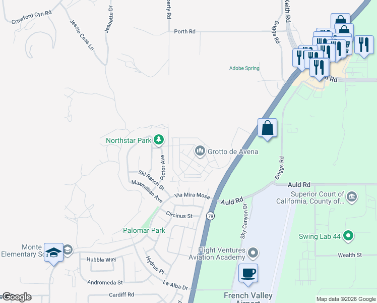 map of restaurants, bars, coffee shops, grocery stores, and more near 36631 Desert Tortoise Road in Murrieta