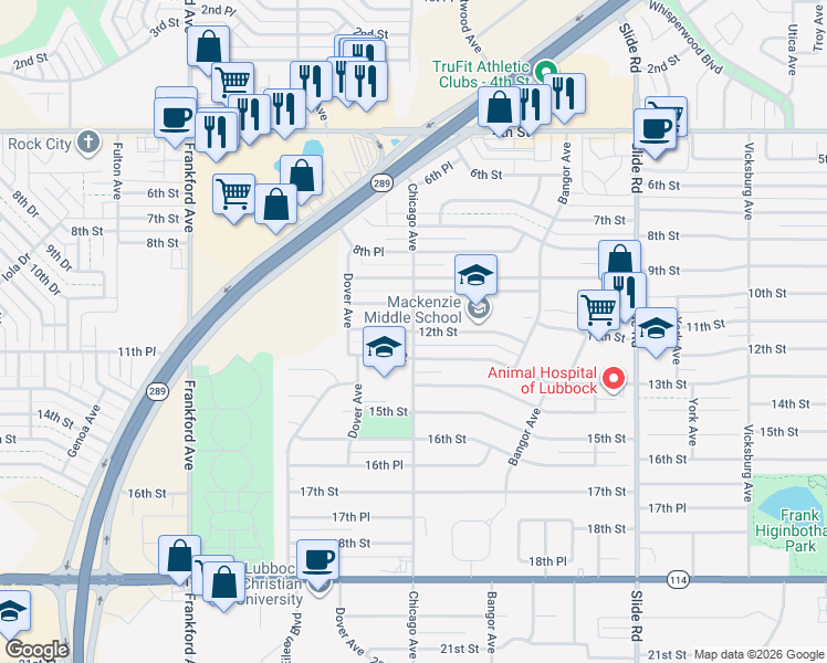 map of restaurants, bars, coffee shops, grocery stores, and more near 1201 Chicago Avenue in Lubbock