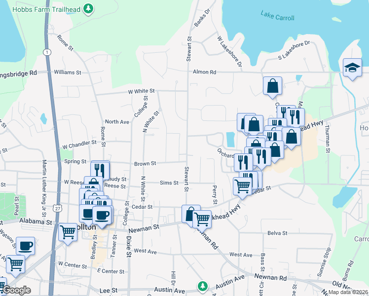 map of restaurants, bars, coffee shops, grocery stores, and more near 134 Patterson Street in Carrollton