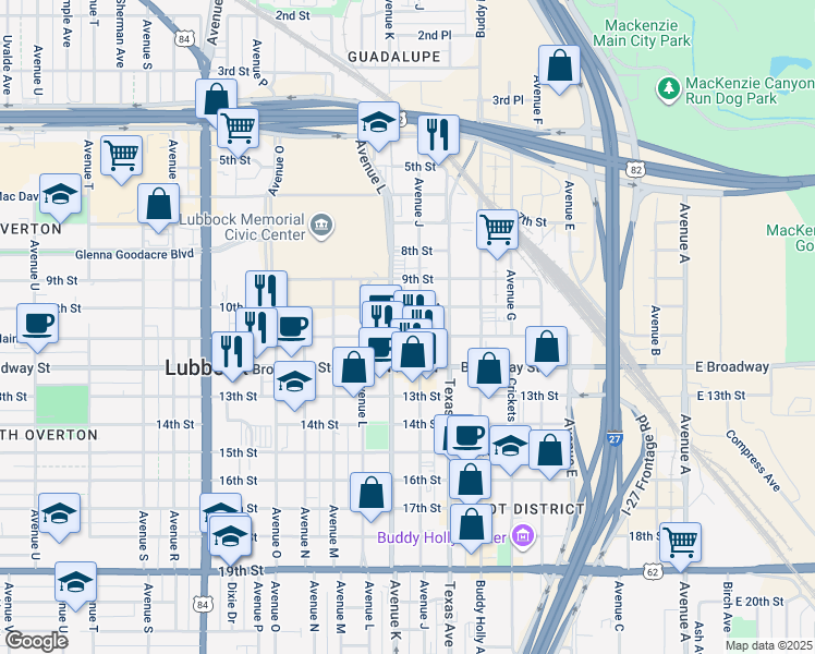 map of restaurants, bars, coffee shops, grocery stores, and more near 1102 10th Street in Lubbock