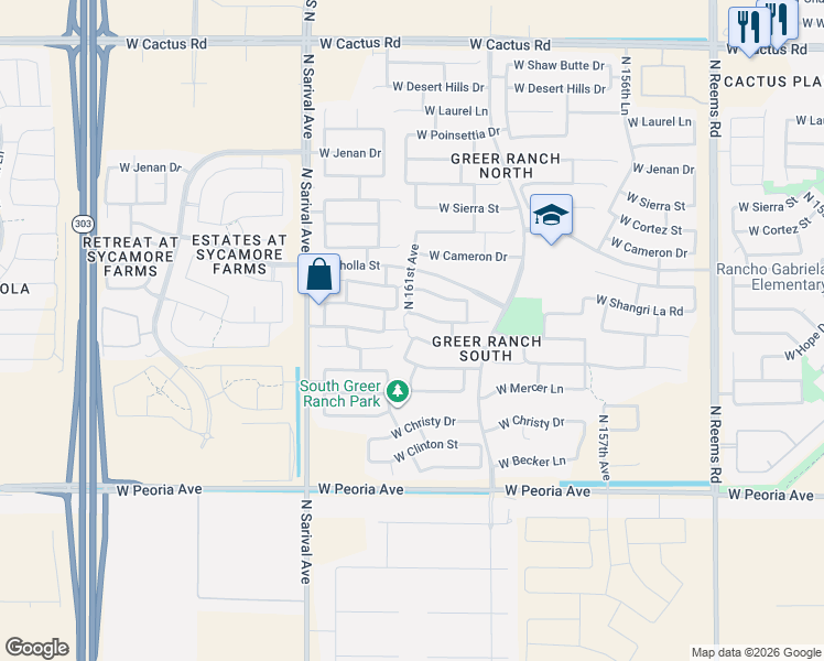 map of restaurants, bars, coffee shops, grocery stores, and more near 11249 North 161st Avenue in Surprise