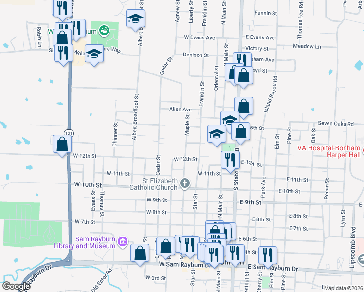 map of restaurants, bars, coffee shops, grocery stores, and more near 1304 Cedar Street in Bonham
