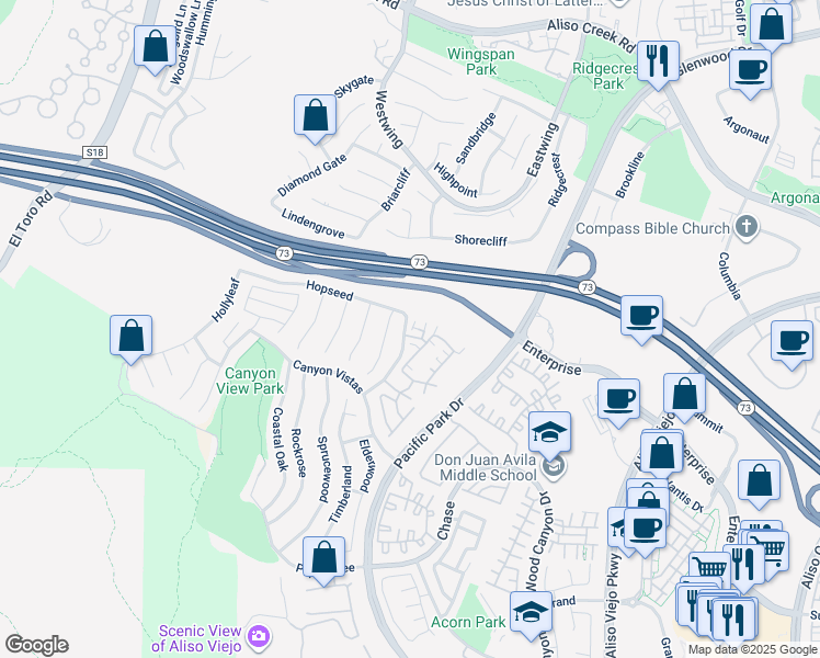 map of restaurants, bars, coffee shops, grocery stores, and more near 37 Cottonwood Drive in Aliso Viejo