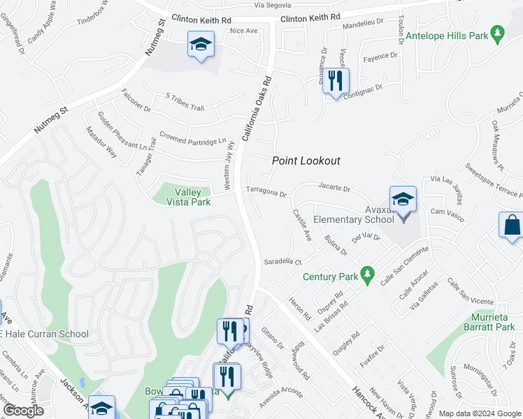 map of restaurants, bars, coffee shops, grocery stores, and more near 39734 Almansa Court in Murrieta