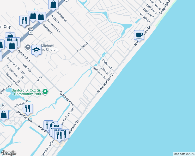 map of restaurants, bars, coffee shops, grocery stores, and more near 1117 Dogwood Drive North in Murrells Inlet