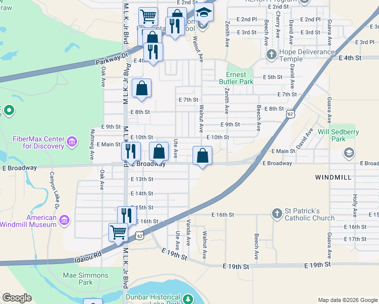 map of restaurants, bars, coffee shops, grocery stores, and more near 2120 10th Street in Lubbock