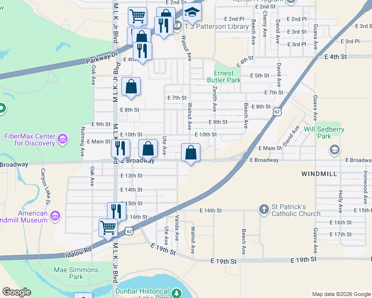 map of restaurants, bars, coffee shops, grocery stores, and more near 2120 10th Street in Lubbock