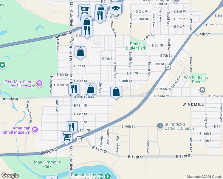 map of restaurants, bars, coffee shops, grocery stores, and more near 2120 10th Street in Lubbock