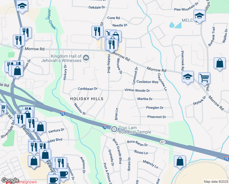 map of restaurants, bars, coffee shops, grocery stores, and more near 809 Vinton Woods Drive in Forest Park