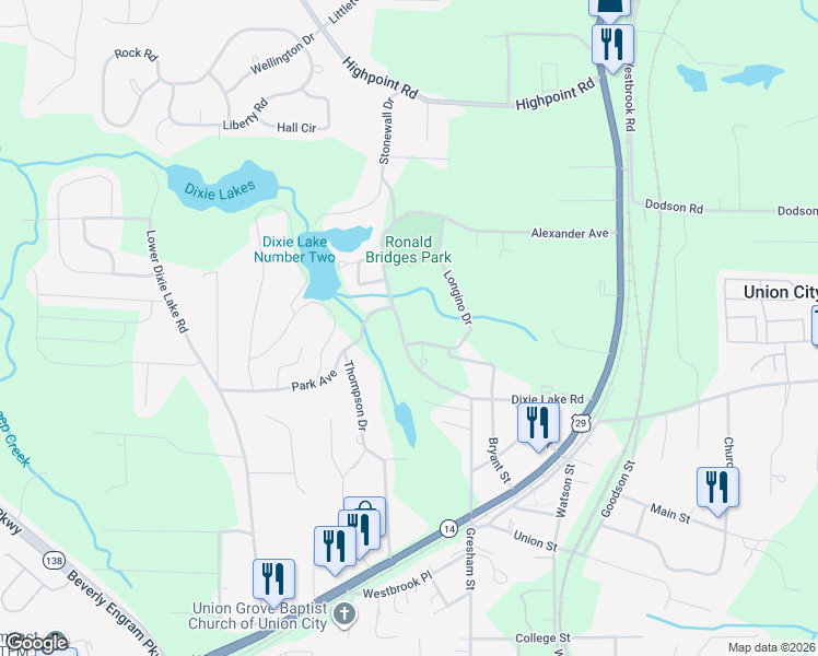 map of restaurants, bars, coffee shops, grocery stores, and more near 5225 Dixie Lake Road in Union City