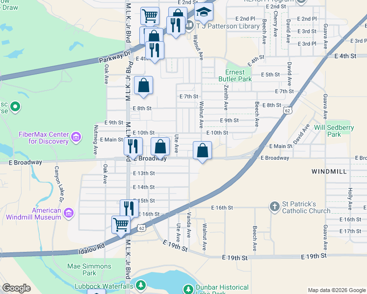 map of restaurants, bars, coffee shops, grocery stores, and more near 1001-1099 Ute Avenue in Lubbock