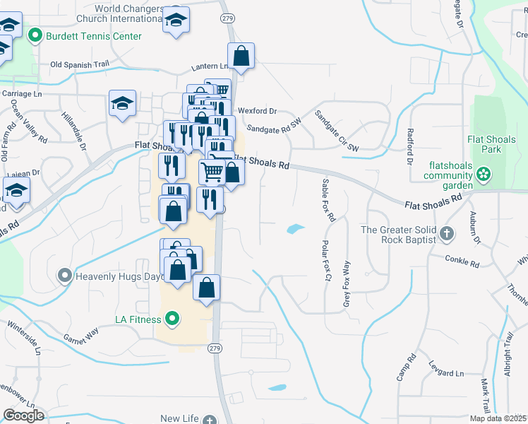 map of restaurants, bars, coffee shops, grocery stores, and more near 6040 Oak Bend Court in Riverdale