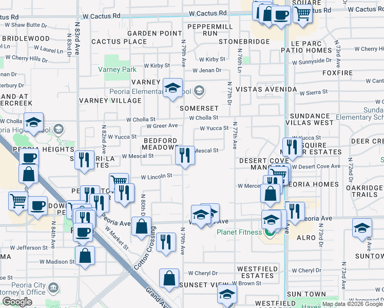 map of restaurants, bars, coffee shops, grocery stores, and more near 11207 North 79th Avenue in Peoria