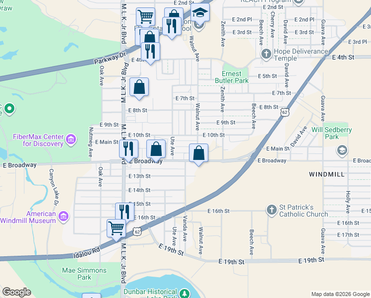 map of restaurants, bars, coffee shops, grocery stores, and more near 2120 10th Street in Lubbock
