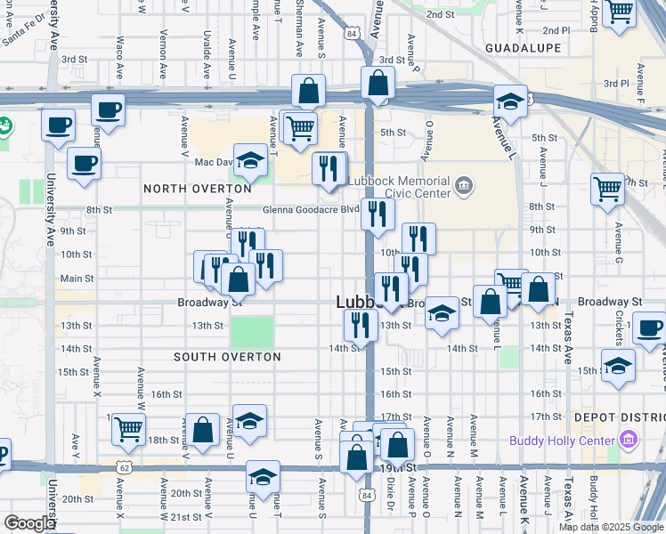 map of restaurants, bars, coffee shops, grocery stores, and more near 1001 Avenue S in Lubbock