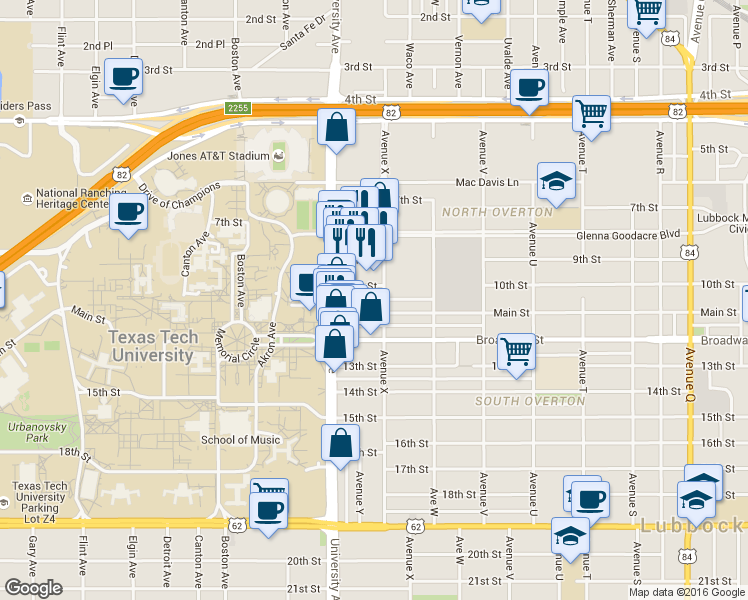 map of restaurants, bars, coffee shops, grocery stores, and more near 2407 9th Street in Lubbock