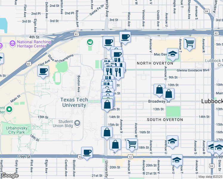 map of restaurants, bars, coffee shops, grocery stores, and more near 2407 9th Street in Lubbock