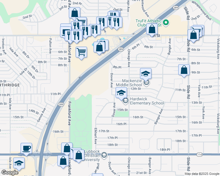 map of restaurants, bars, coffee shops, grocery stores, and more near 1004 Dover Ave in Lubbock