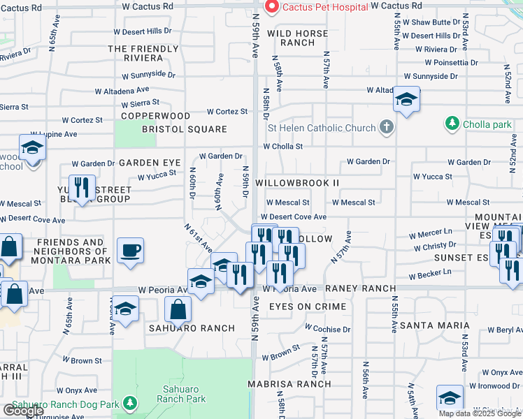 map of restaurants, bars, coffee shops, grocery stores, and more near 5828 West Mescal Street in Glendale