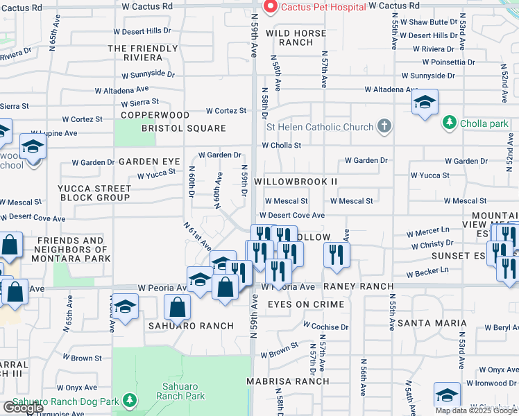 map of restaurants, bars, coffee shops, grocery stores, and more near 5828 West Mescal Street in Glendale